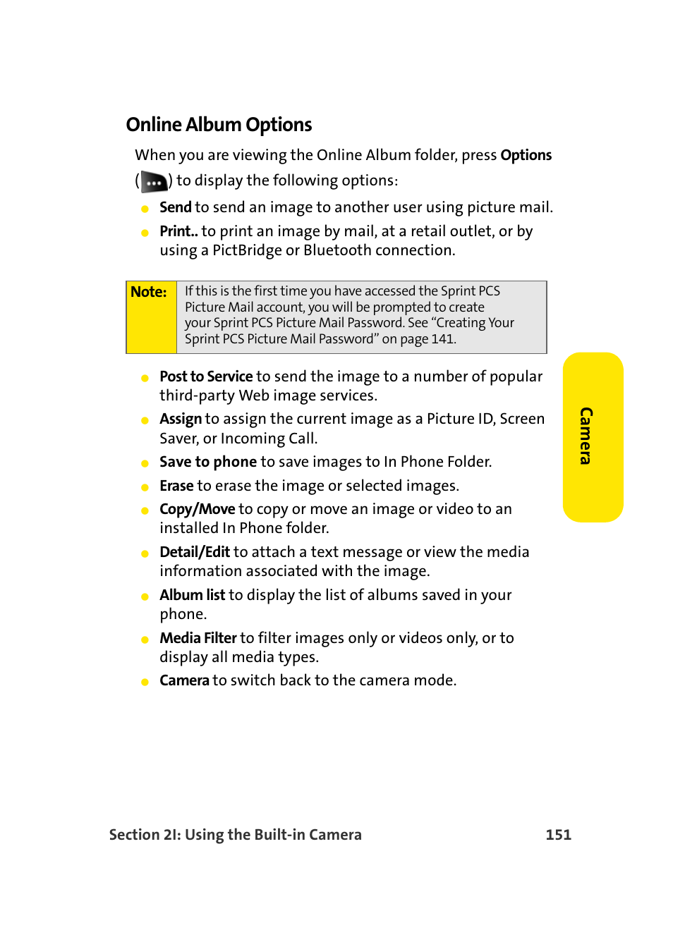 Online album options, Ca m e ra | Samsung SEPM500BKASPR User Manual | Page 175 / 257