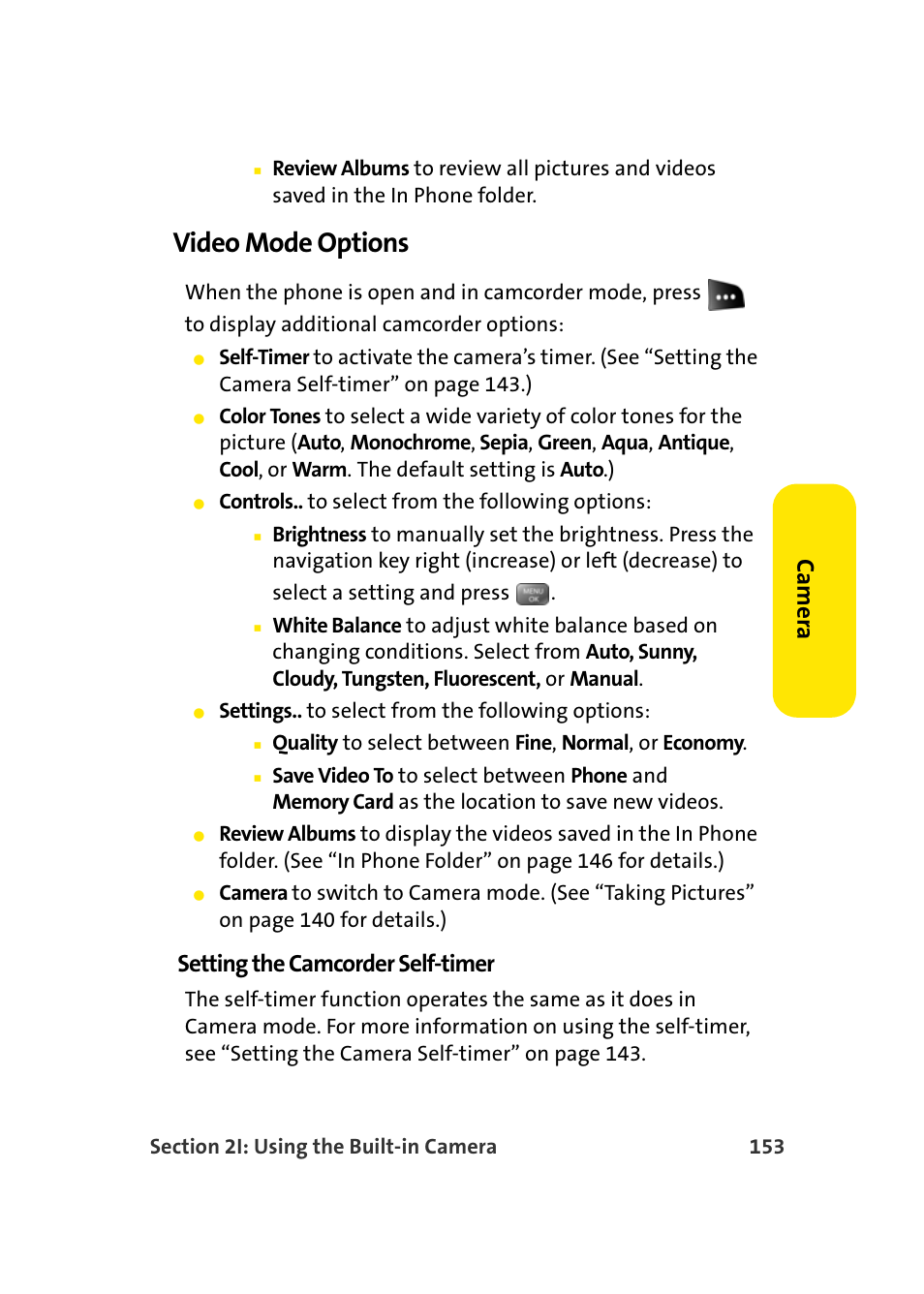 Video mode options, Ca m e ra, Setting the camcorder self-timer | Samsung SEPM500BKASPR User Manual | Page 177 / 257