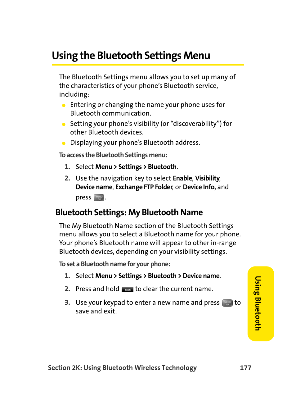 Using the bluetooth settings menu, Bluetooth settings: my bluetooth name | Samsung SEPM500BKASPR User Manual | Page 201 / 257