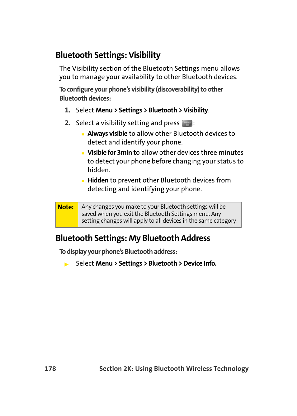 Bluetooth settings: visibility, Bluetooth settings: my bluetooth address | Samsung SEPM500BKASPR User Manual | Page 202 / 257