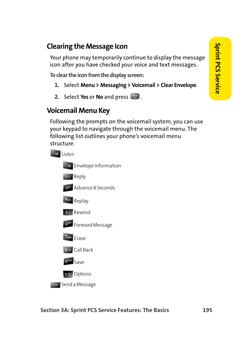 Clearing the message icon, Voicemail menu key | Samsung SEPM500BKASPR User Manual | Page 219 / 257