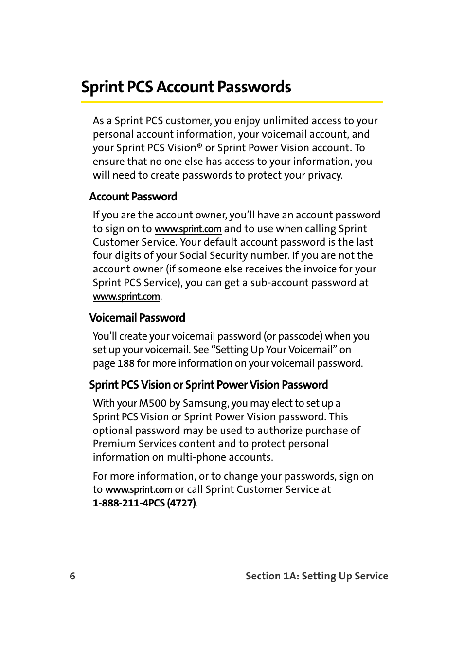 Sprint pcs account passwords | Samsung SEPM500BKASPR User Manual | Page 30 / 257
