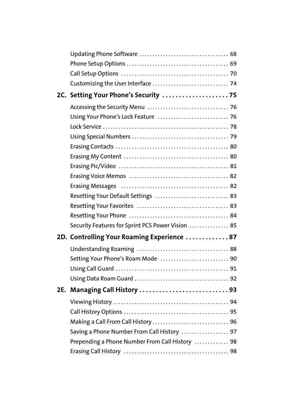 2c. setting your phone’s security 75, 2d. controlling your roaming experience 87, 2e. managing call history 93 | Samsung SEPM500BKASPR User Manual | Page 4 / 257