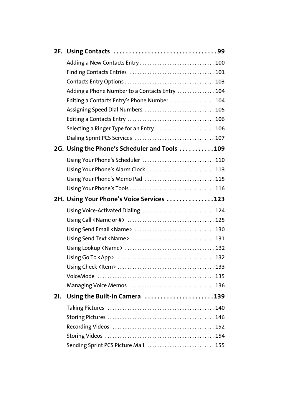 2f. using contacts 99, 2g. using the phone’s scheduler and tools 109, 2h. using your phone’s voice services 123 | 2i. using the built-in camera 139 | Samsung SEPM500BKASPR User Manual | Page 5 / 257