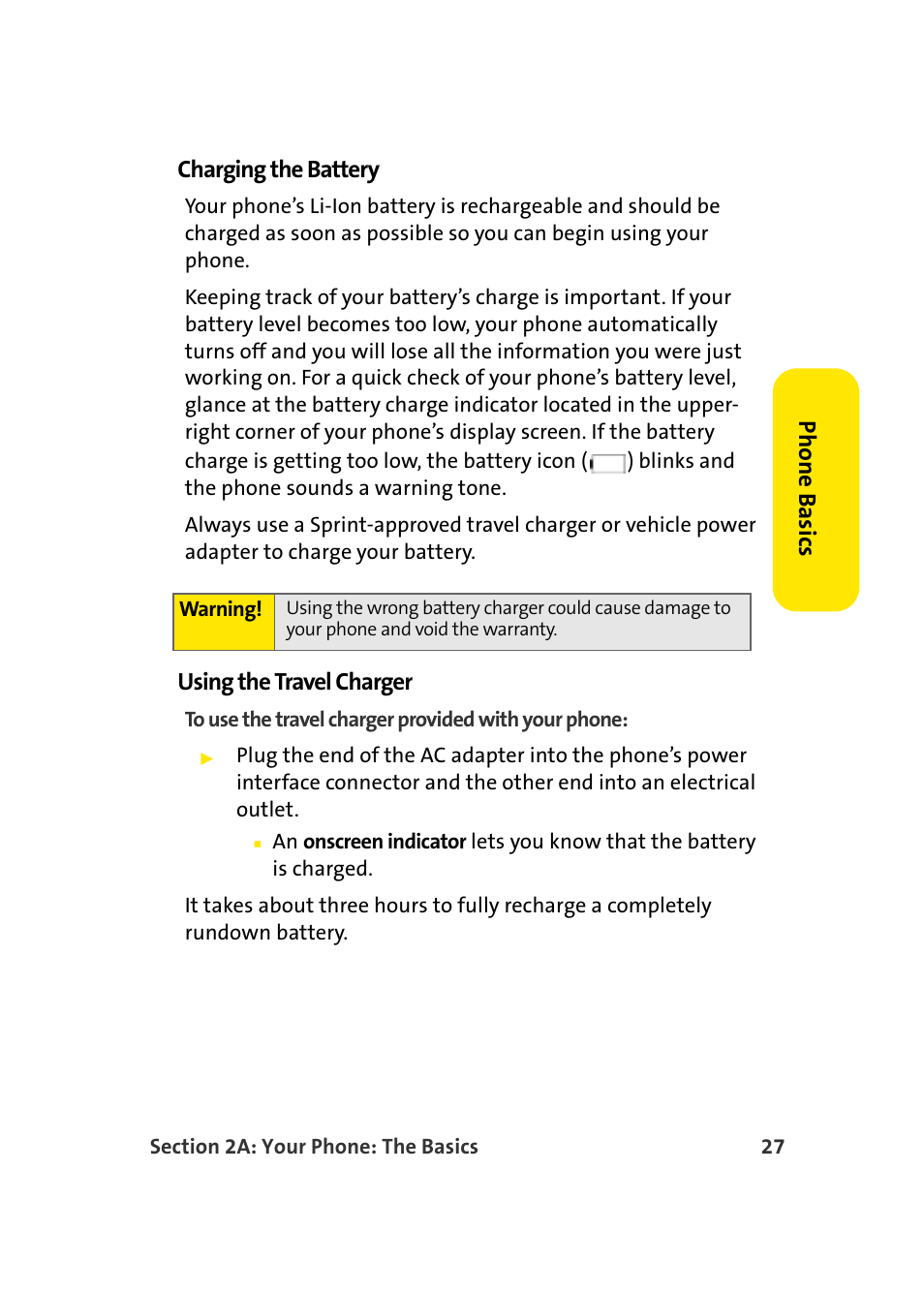 Phone basics charging the battery, Using the travel charger | Samsung SEPM500BKASPR User Manual | Page 51 / 257