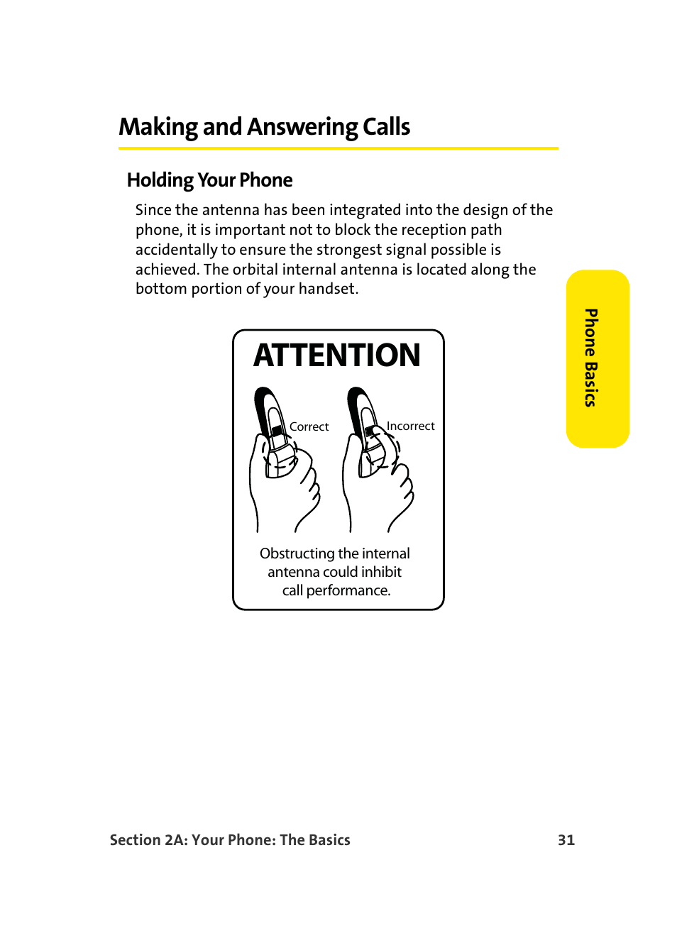 Making and answering calls, Holding your phone, Attention | Samsung SEPM500BKASPR User Manual | Page 55 / 257