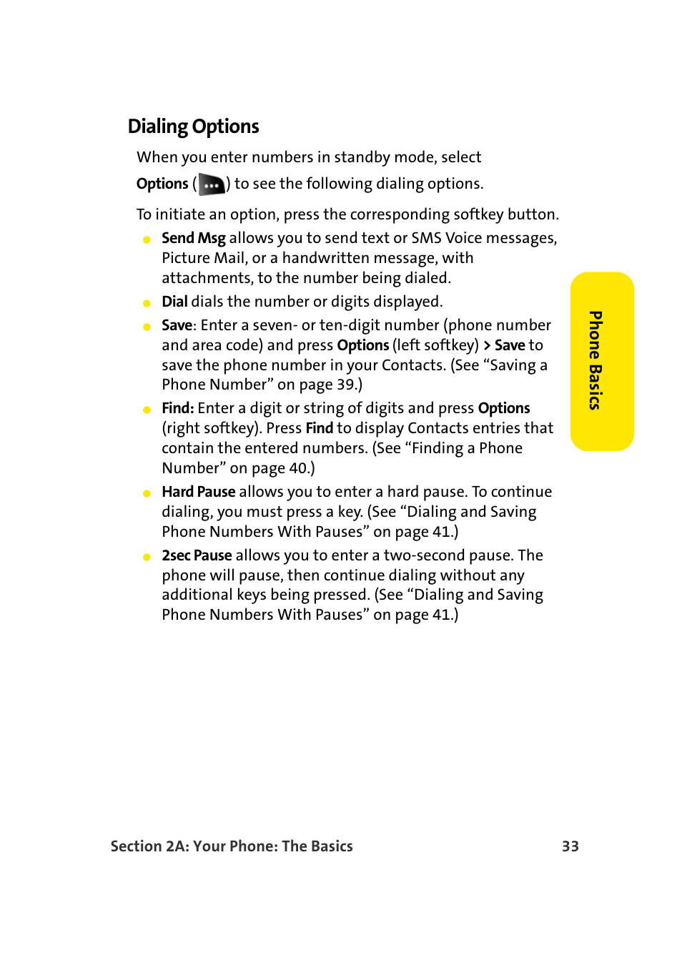 Dialing options, Phone basics | Samsung SEPM500BKASPR User Manual | Page 57 / 257