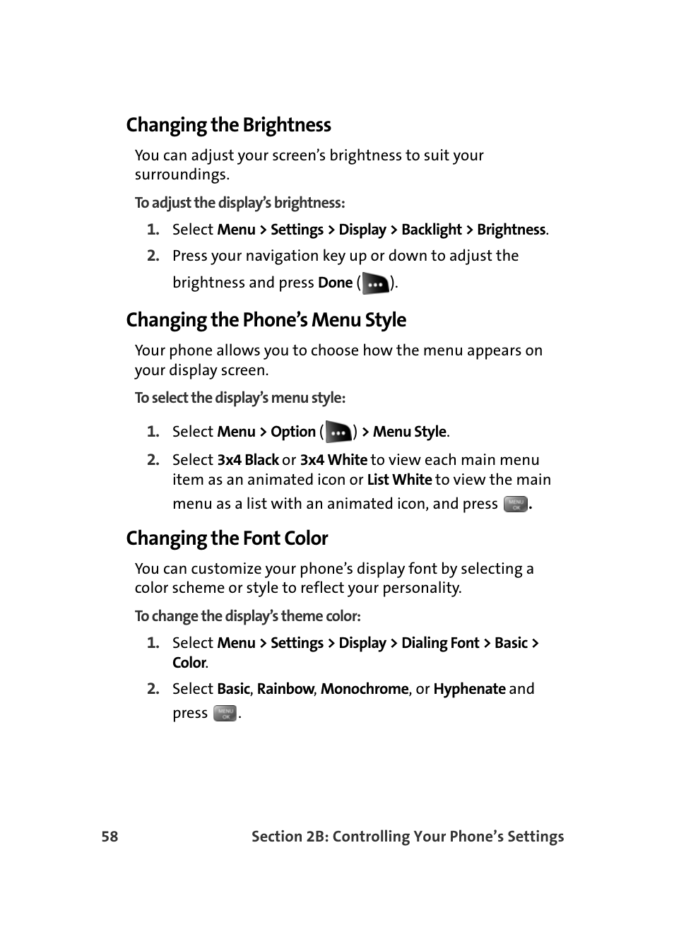 Changing the brightness, Changing the phone’s menu style, Changing the font color | Samsung SEPM500BKASPR User Manual | Page 82 / 257