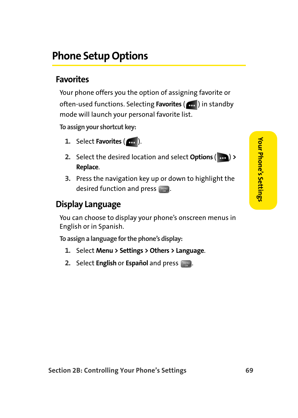 Phone setup options, Favorites, Display language | Samsung SEPM500BKASPR User Manual | Page 93 / 257
