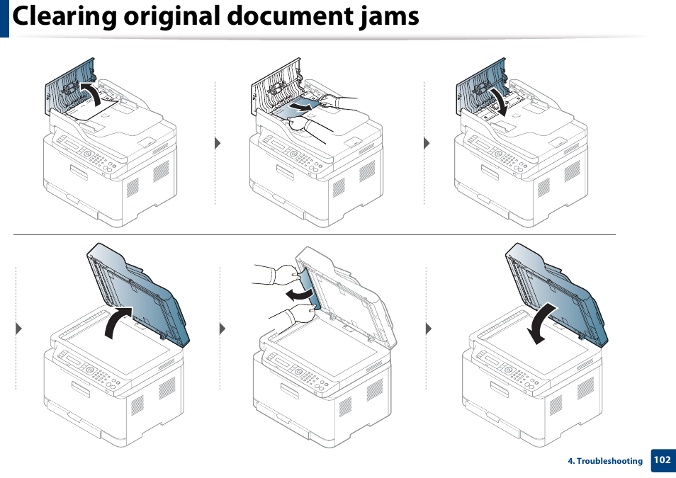 Clearing original document jams | Samsung CLX-3305W-XPE User Manual | Page 102 / 334
