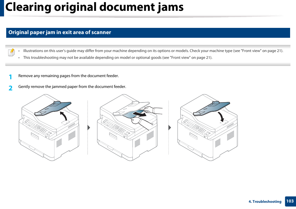 Original paper jam in exit area of scanner, Clearing original document jams | Samsung CLX-3305W-XPE User Manual | Page 103 / 334