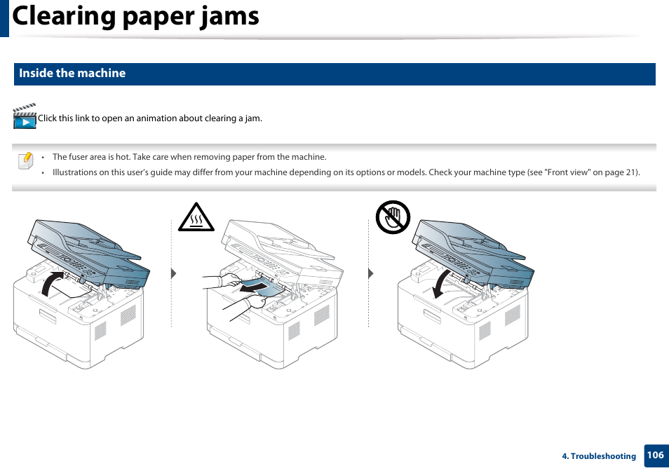 Inside the machine, Clearing paper jams | Samsung CLX-3305W-XPE User Manual | Page 106 / 334