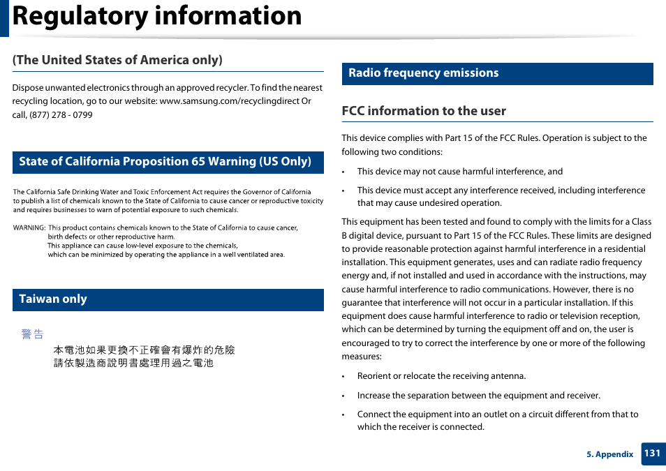 Taiwan only, Radio frequency emissions, Regulatory information | The united states of america only), Fcc information to the user | Samsung CLX-3305W-XPE User Manual | Page 131 / 334