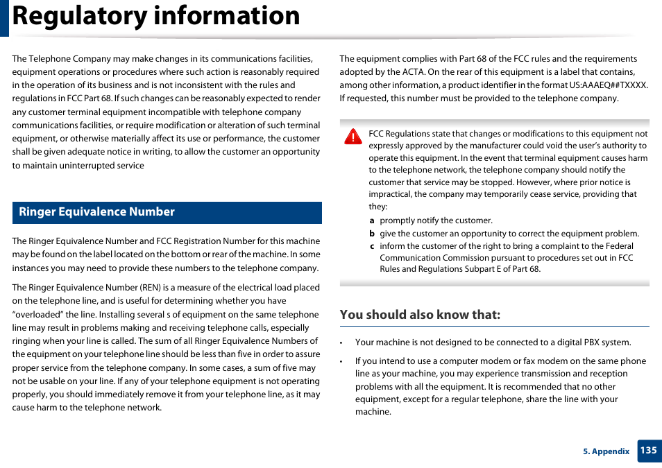 Ringer equivalence number, Regulatory information, You should also know that | Samsung CLX-3305W-XPE User Manual | Page 135 / 334