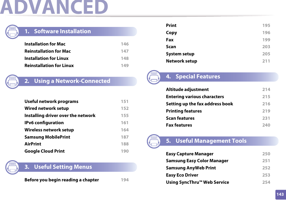 Advanced, Software installation, Using a network-connected machine | Useful setting menus, Special features, Useful management tools | Samsung CLX-3305W-XPE User Manual | Page 143 / 334