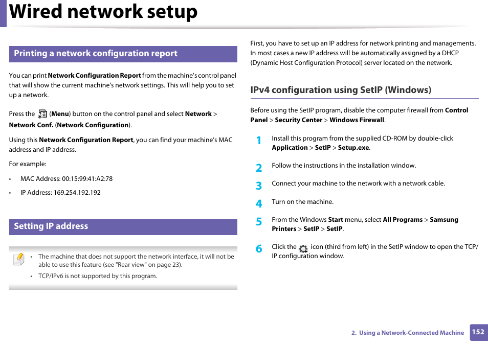 Wired network setup, Printing a network configuration report, Setting ip address | Ipv4 configuration using setip (windows) | Samsung CLX-3305W-XPE User Manual | Page 152 / 334