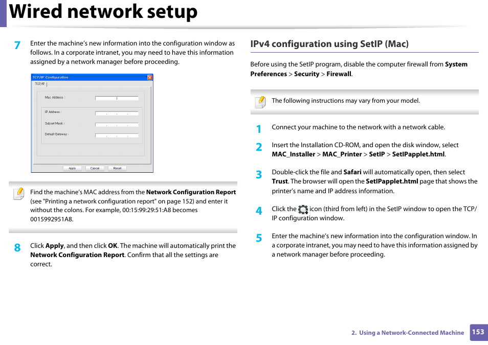 Wired network setup, Ipv4 configuration using setip (mac) | Samsung CLX-3305W-XPE User Manual | Page 153 / 334