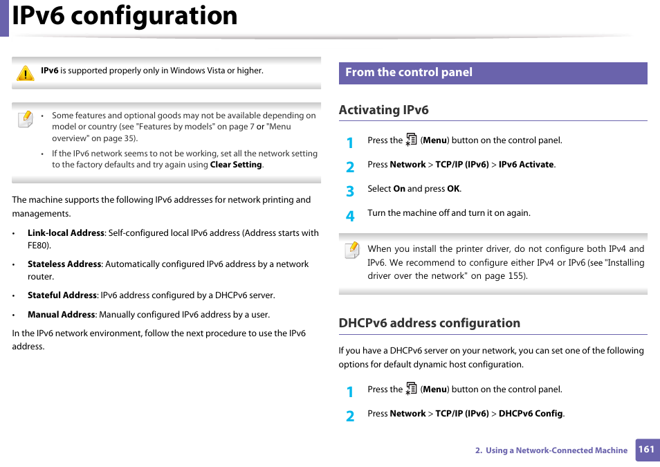 Ipv6 configuration, From the control panel, Activating ipv6 | Dhcpv6 address configuration | Samsung CLX-3305W-XPE User Manual | Page 161 / 334