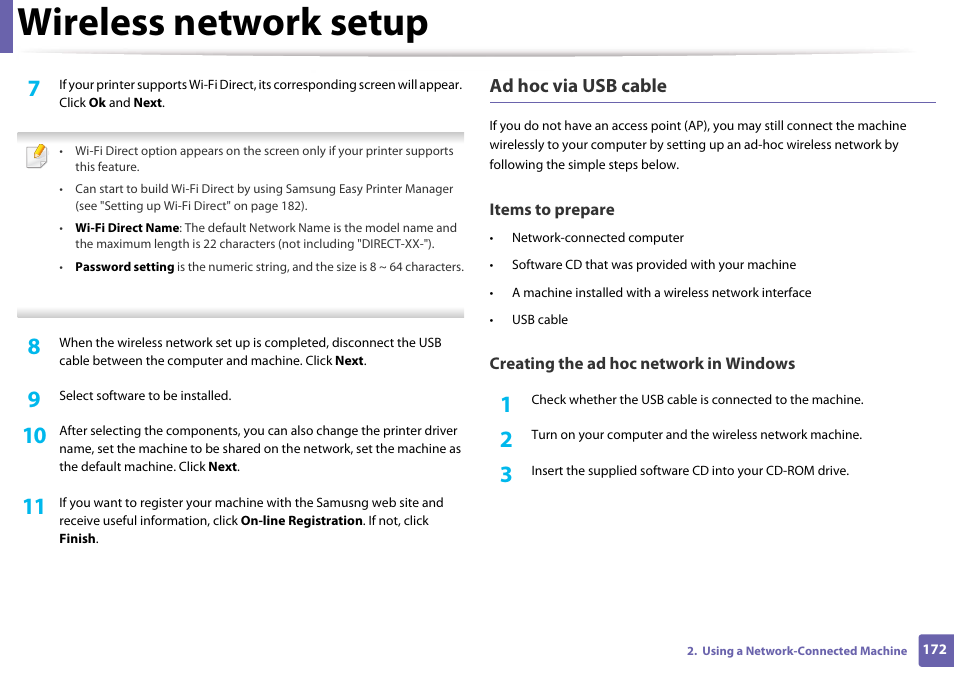 Wireless network setup, Ad hoc via usb cable | Samsung CLX-3305W-XPE User Manual | Page 172 / 334