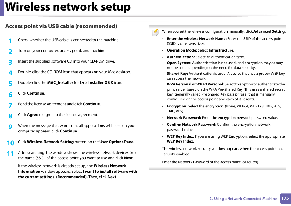 Wireless network setup, Access point via usb cable (recommended) | Samsung CLX-3305W-XPE User Manual | Page 175 / 334