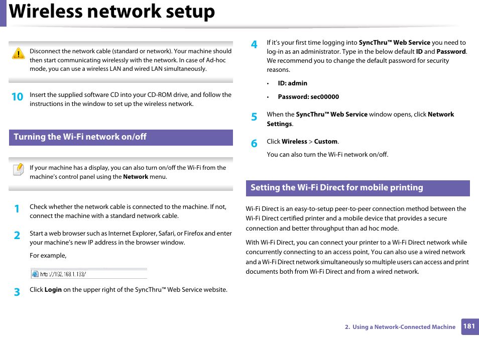 Turning the wi-fi network on/off, Setting the wi-fi direct for mobile printing, Wireless network setup | Samsung CLX-3305W-XPE User Manual | Page 181 / 334