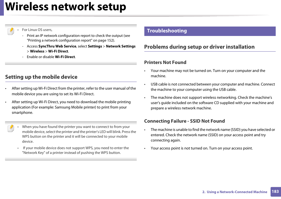Troubleshooting, Wireless network setup, Setting up the mobile device | Problems during setup or driver installation, Printers not found, Connecting failure - ssid not found | Samsung CLX-3305W-XPE User Manual | Page 183 / 334