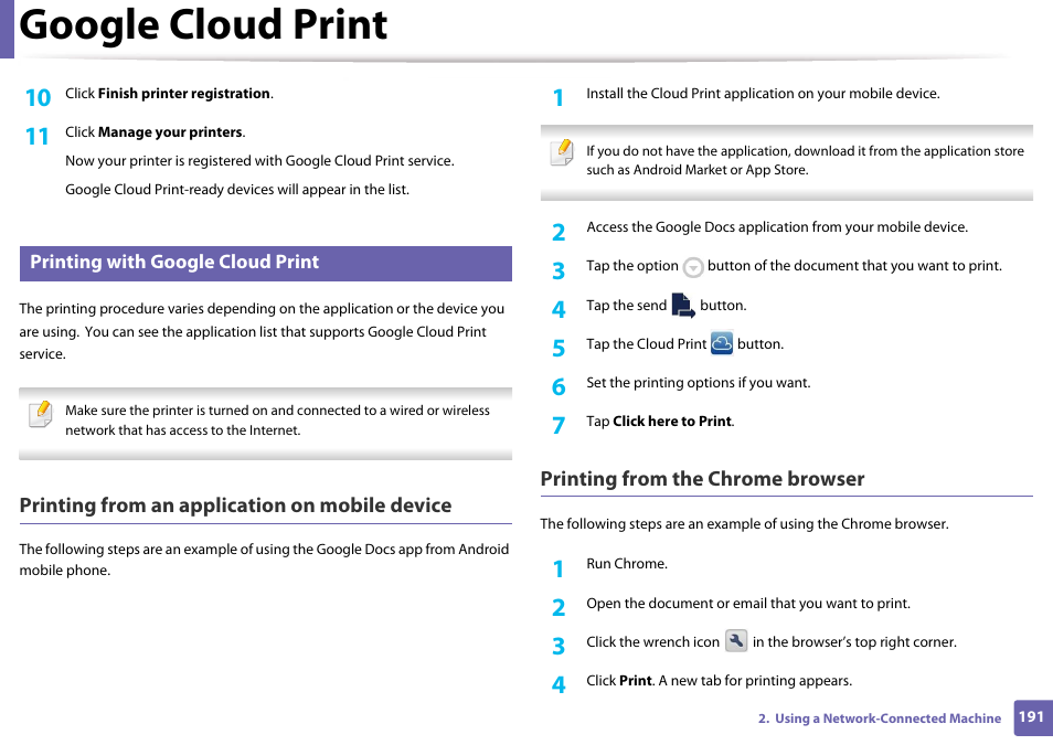 Printing with google cloud print, Google cloud print, Printing from an application on mobile device | Printing from the chrome browser | Samsung CLX-3305W-XPE User Manual | Page 191 / 334