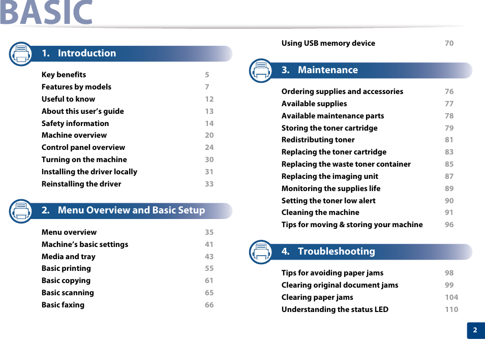 Basic, Introduction, Menu overview and basic setup | Maintenance, Troubleshooting | Samsung CLX-3305W-XPE User Manual | Page 2 / 334