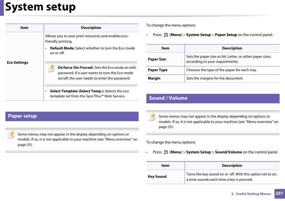 Paper setup, Sound / volume, System setup | Samsung CLX-3305W-XPE User Manual | Page 207 / 334
