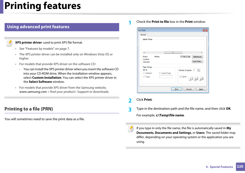 Using advanced print features, Printing features, Printing to a file (prn) | Samsung CLX-3305W-XPE User Manual | Page 220 / 334