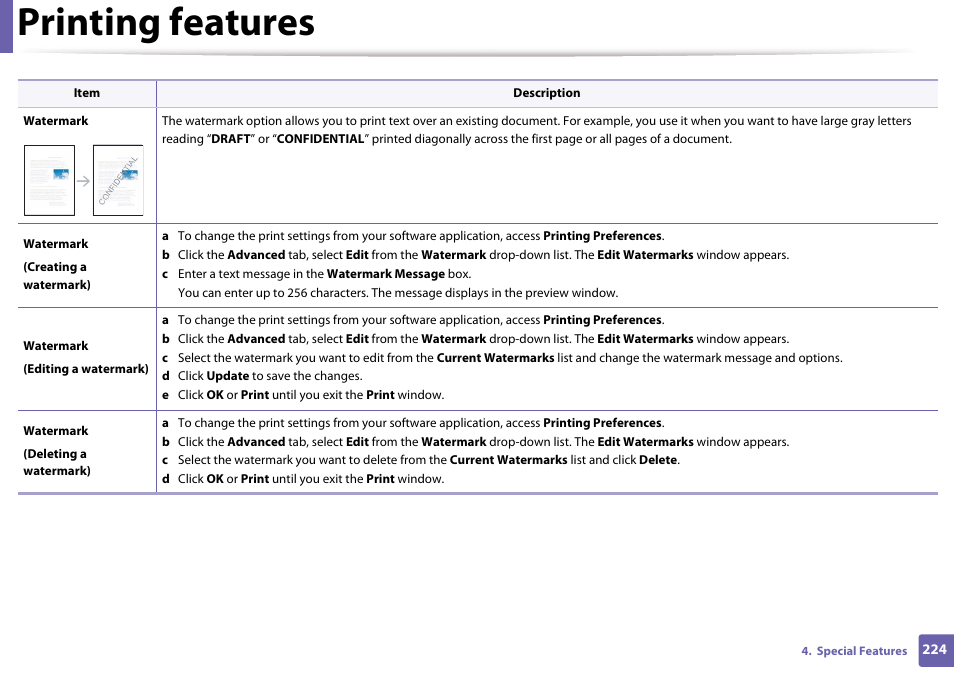 Printing features | Samsung CLX-3305W-XPE User Manual | Page 224 / 334
