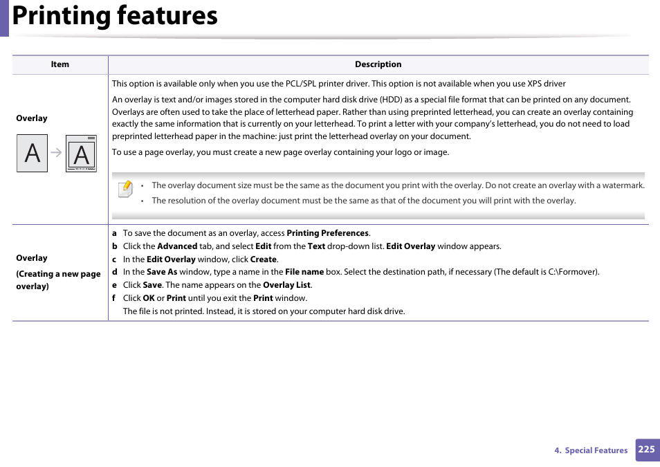 Printing features | Samsung CLX-3305W-XPE User Manual | Page 225 / 334