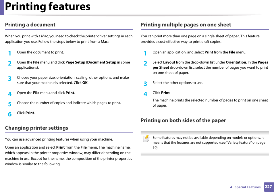 Printing features | Samsung CLX-3305W-XPE User Manual | Page 227 / 334
