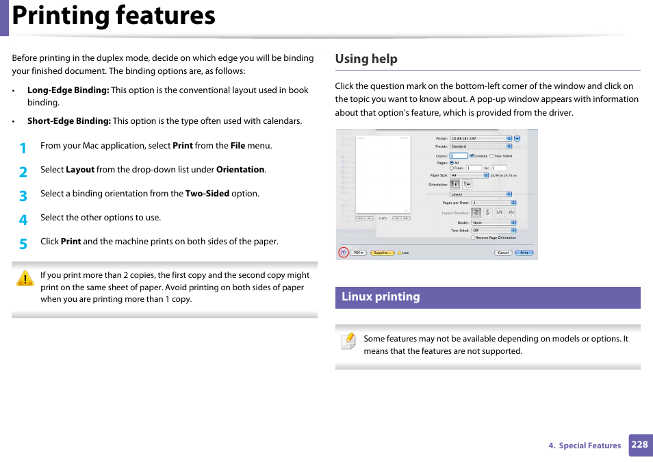 Linux printing, Printing features, Using help | Samsung CLX-3305W-XPE User Manual | Page 228 / 334