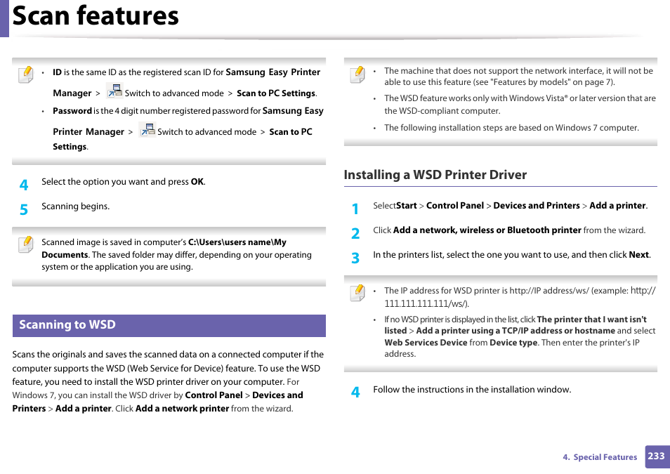 Scanning to wsd, Scan features, Installing a wsd printer driver | Samsung CLX-3305W-XPE User Manual | Page 233 / 334