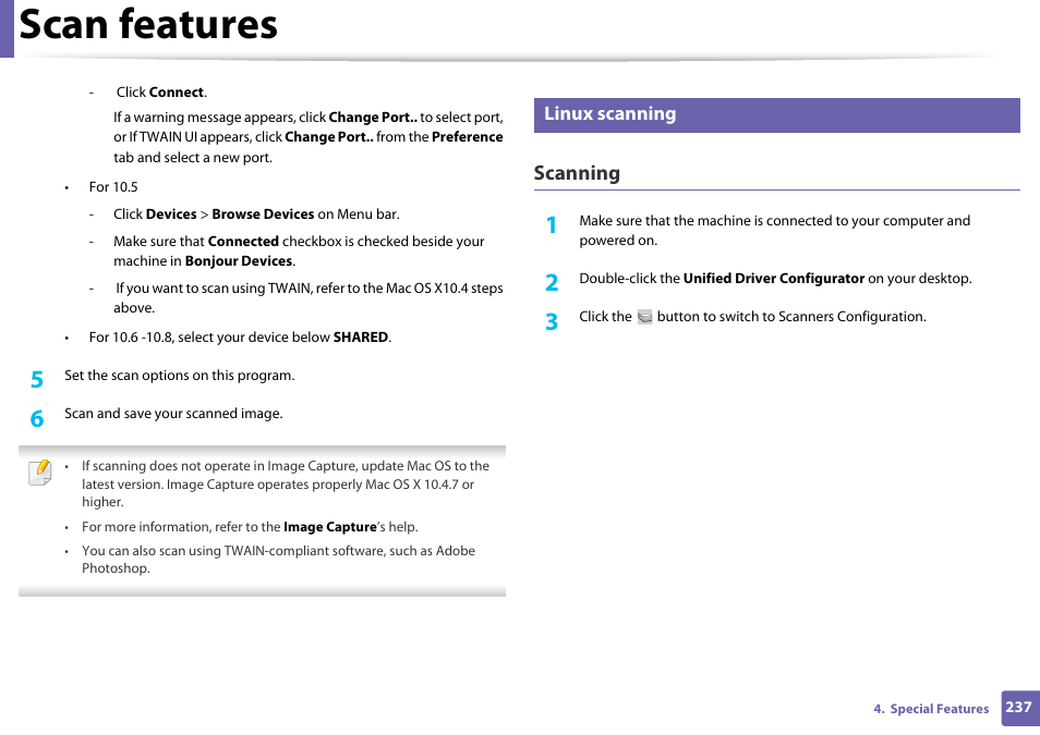 Linux scanning, Scan features, Scanning | Samsung CLX-3305W-XPE User Manual | Page 237 / 334