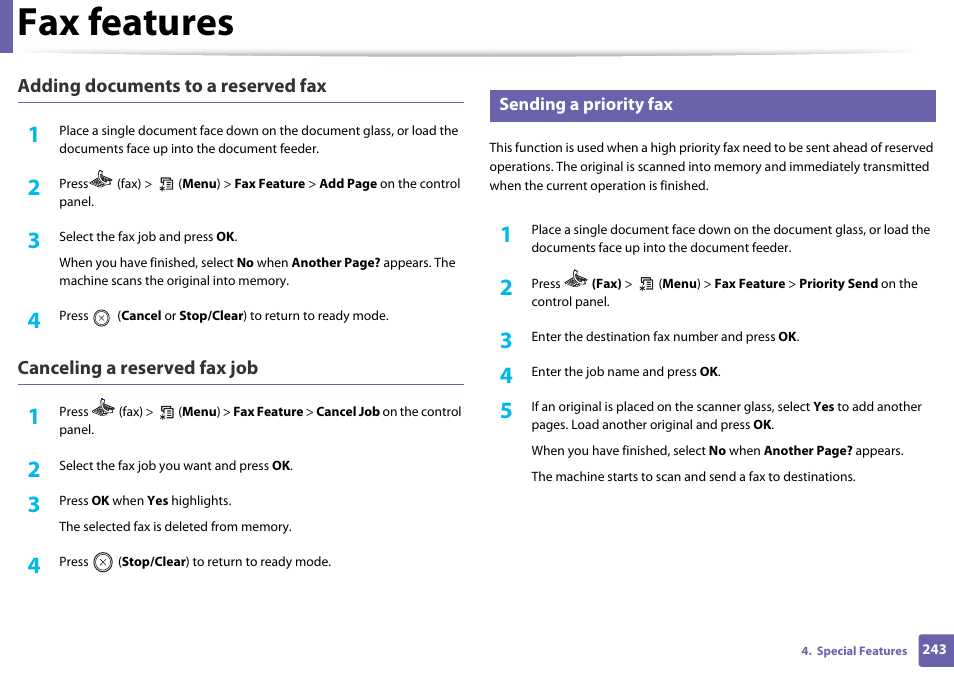 Sending a priority fax, Fax features | Samsung CLX-3305W-XPE User Manual | Page 243 / 334