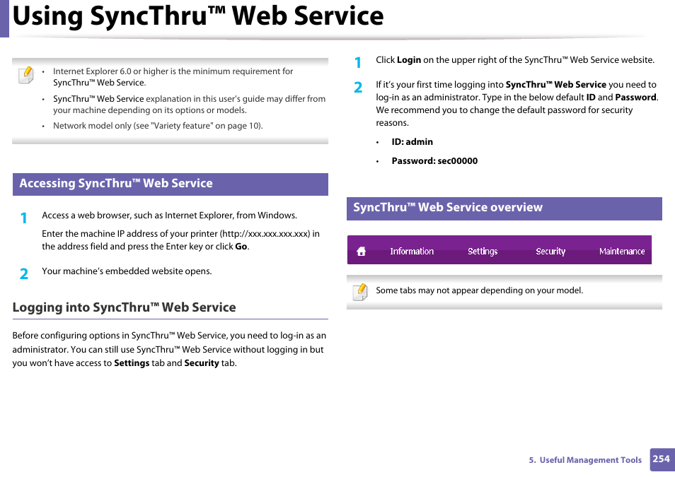 Using syncthru™ web service, Accessing syncthru™ web service, Syncthru™ web service overview | Logging into syncthru™ web service | Samsung CLX-3305W-XPE User Manual | Page 254 / 334