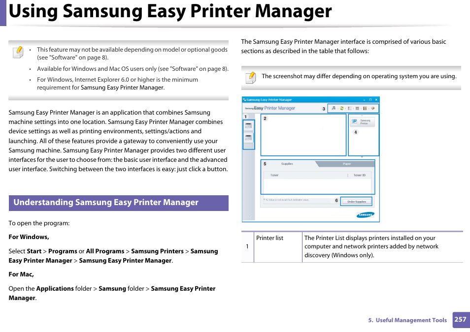 Using samsung easy printer manager, Understanding samsung easy printer manager | Samsung CLX-3305W-XPE User Manual | Page 257 / 334