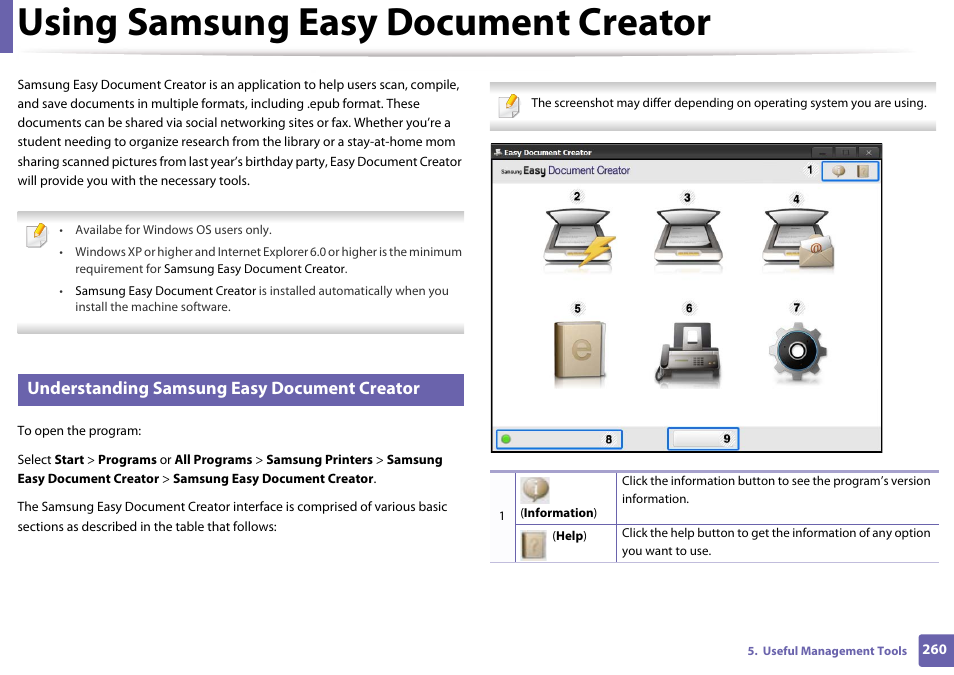 Using samsung easy document creator, Understanding samsung easy document creator | Samsung CLX-3305W-XPE User Manual | Page 260 / 334