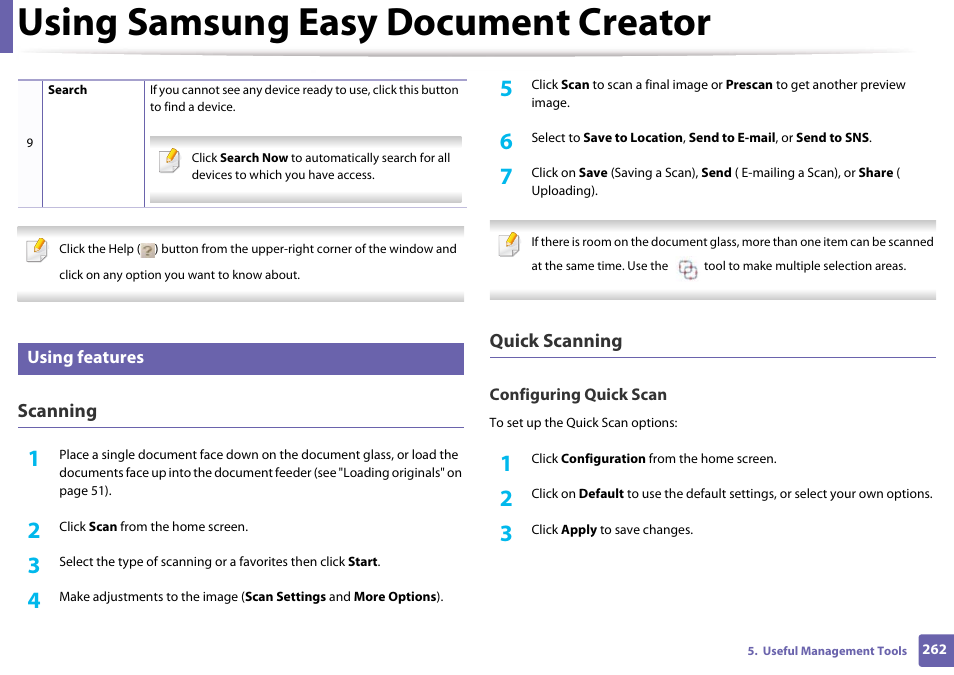 Using features, Using samsung easy document creator, Scanning | Quick scanning | Samsung CLX-3305W-XPE User Manual | Page 262 / 334