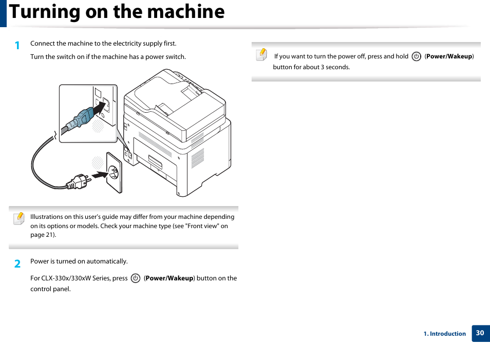 Turning on the machine | Samsung CLX-3305W-XPE User Manual | Page 30 / 334