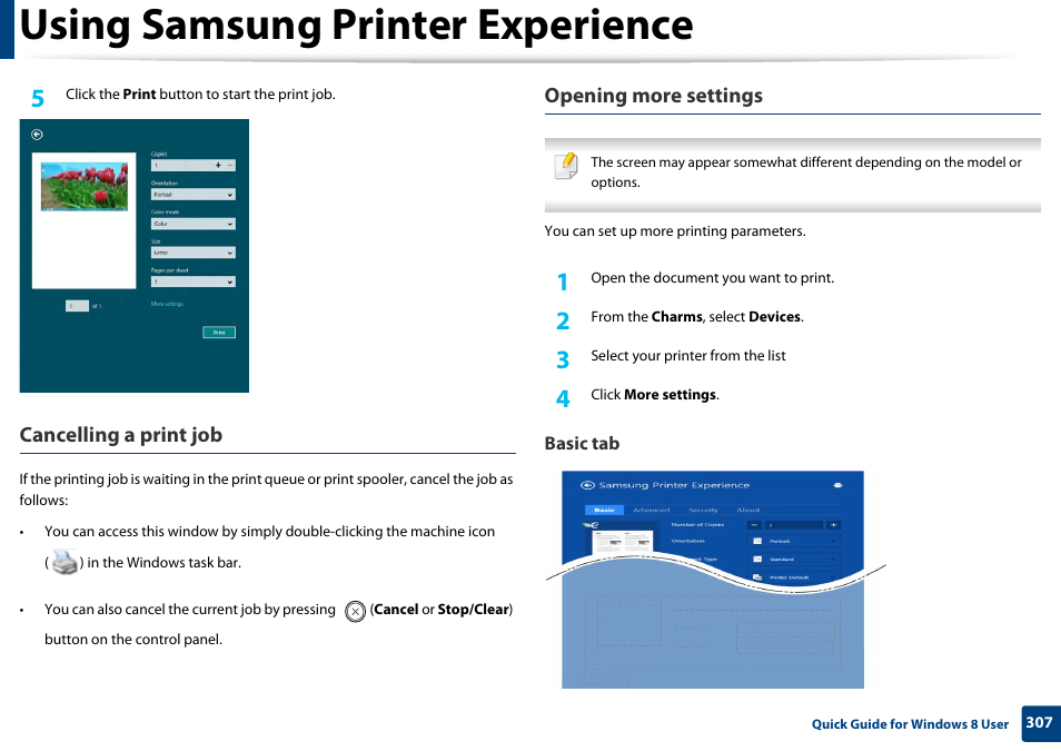 Using samsung printer experience, Cancelling a print job, Opening more settings | Samsung CLX-3305W-XPE User Manual | Page 307 / 334