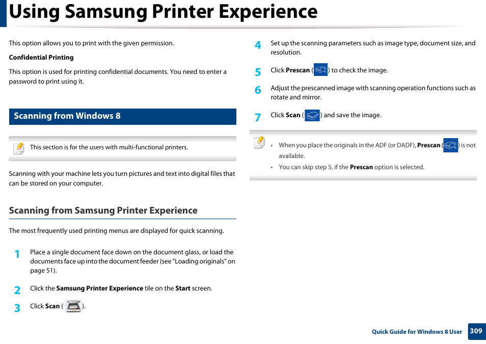 Scanning from windows 8, Using samsung printer experience, Scanning from samsung printer experience | Samsung CLX-3305W-XPE User Manual | Page 309 / 334