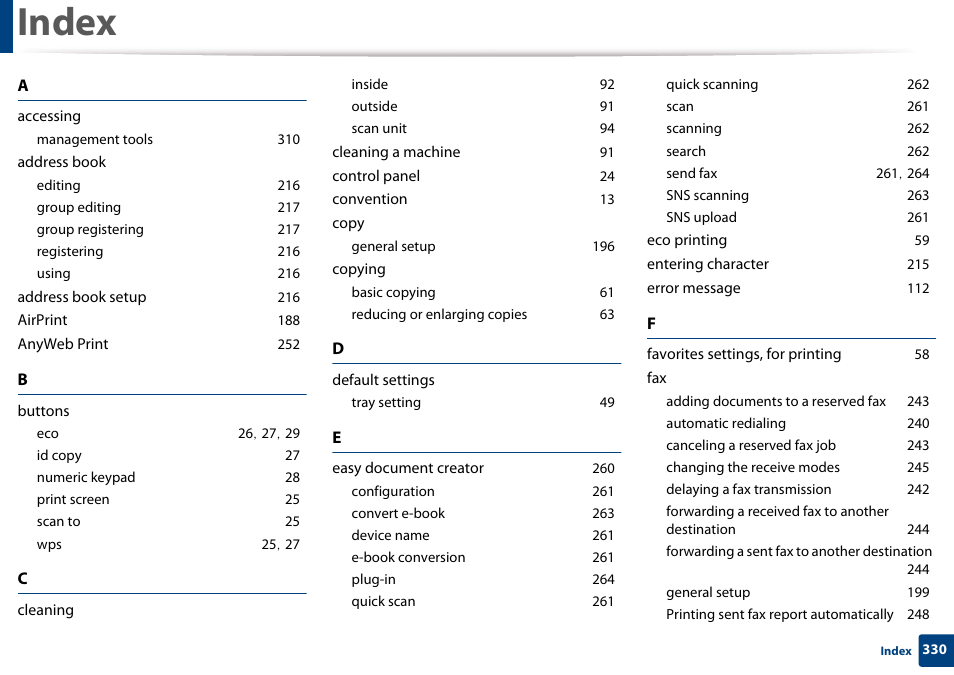Index, Accessing, Management tools 310 | Address book, Editing 216, Group editing 217, Group registering 217, Registering 216, Using 216, Address book setup 216 | Samsung CLX-3305W-XPE User Manual | Page 330 / 334