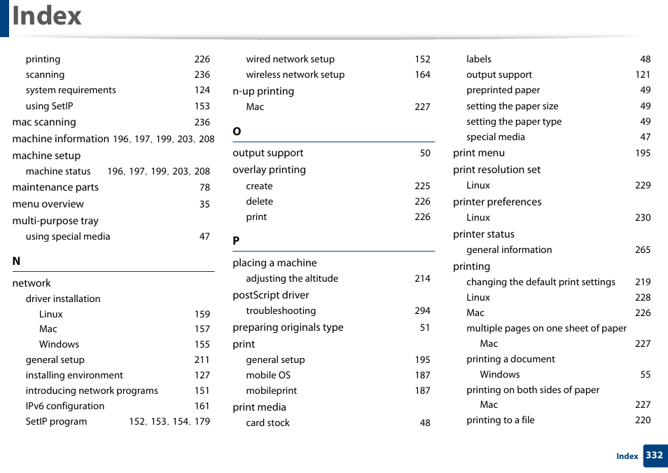 Printing 226, Scanning 236, System requirements 124 | Using setip 153, Mac scanning 236, Machine information 196, 197, 199, 203, 208, Machine setup, Machine status 196, 197, 199, 203, 208, Maintenance parts 78, Menu overview 35 | Samsung CLX-3305W-XPE User Manual | Page 332 / 334