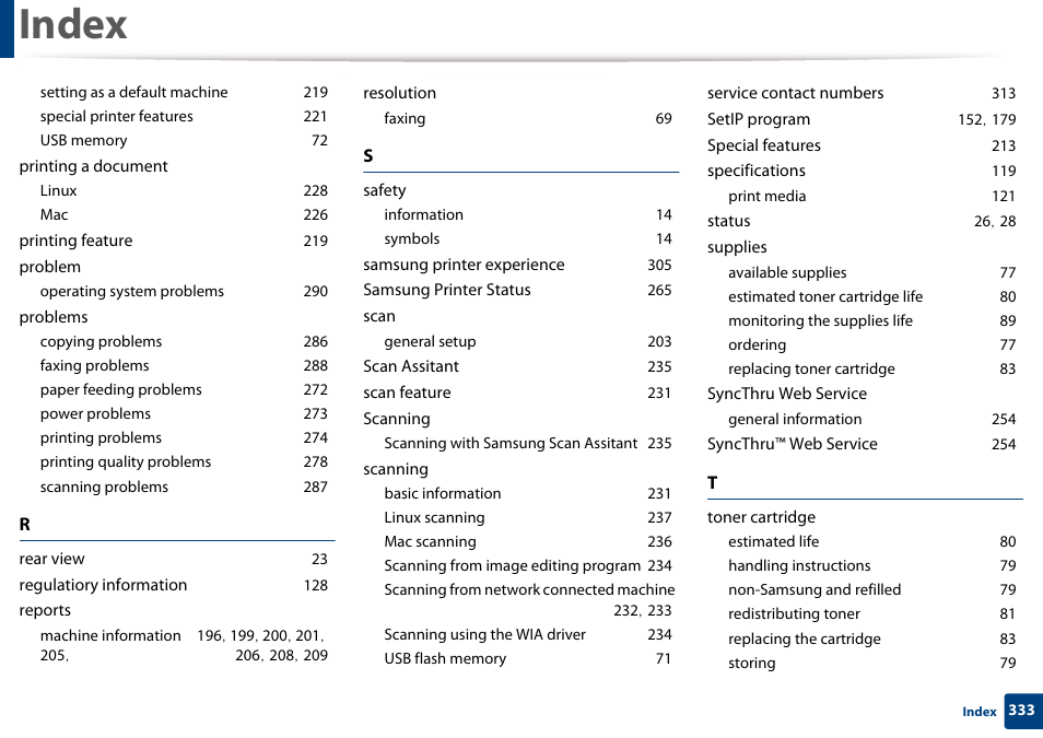 Setting as a default machine 219, Special printer features 221, Usb memory 72 | Printing a document, Linux 228, Mac 226, Printing feature 219, Problem, Operating system problems 290, Problems | Samsung CLX-3305W-XPE User Manual | Page 333 / 334