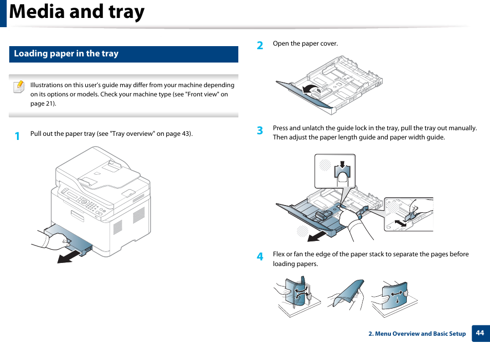 Loading paper in the tray, Media and tray | Samsung CLX-3305W-XPE User Manual | Page 44 / 334