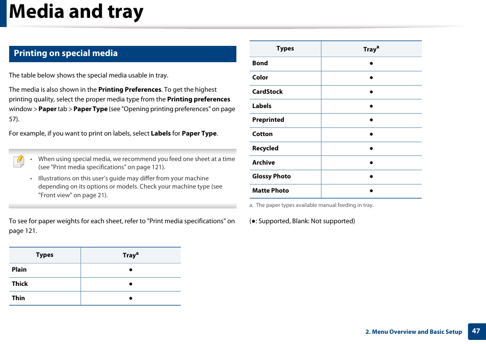 Printing on special media, Media and tray | Samsung CLX-3305W-XPE User Manual | Page 47 / 334