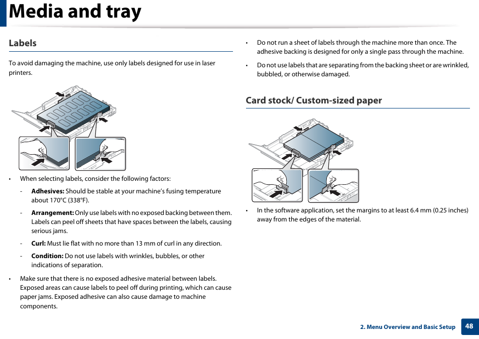 Media and tray, Labels, Card stock/ custom-sized paper | Samsung CLX-3305W-XPE User Manual | Page 48 / 334